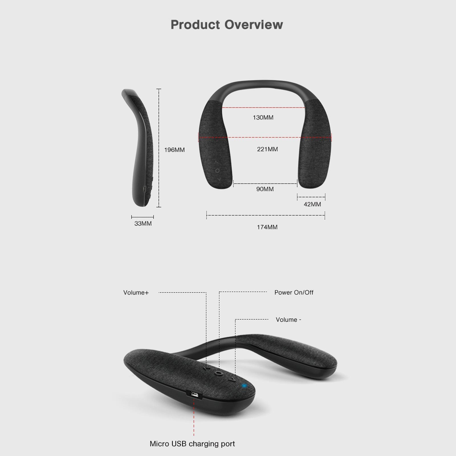 3D Stereo Sound Soft Touch Neckband Wearable Bluetooth Speakers Earphone - Black