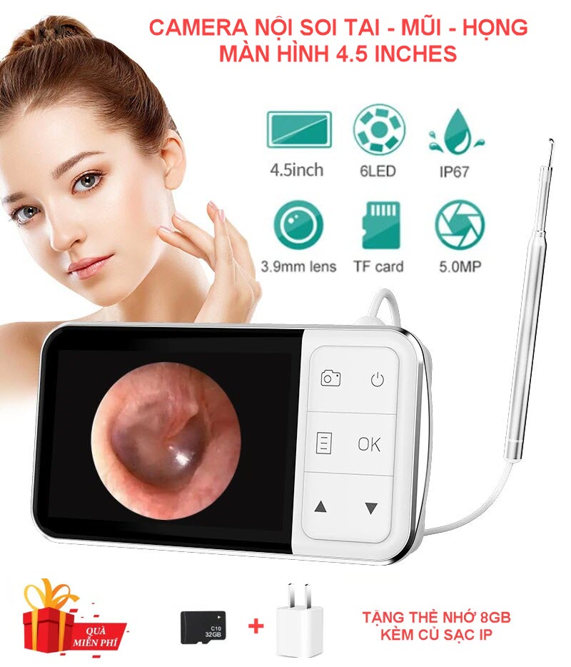 Quà Tặng Kèm - Camera Nội Soi Tai Mũi Họng Màn Hình 4.5Inches Hỗ Trợ Chụp Ảnh, Ghi Hình Full HD 1080p. Digital Otoscope with 4.5 Inches Screen, 3.9mm Ear Camera with 6 LED Lights, 32GB Card, Ear Wax Removal Tool, Specula and 2600 mAh Rechargeable Battery