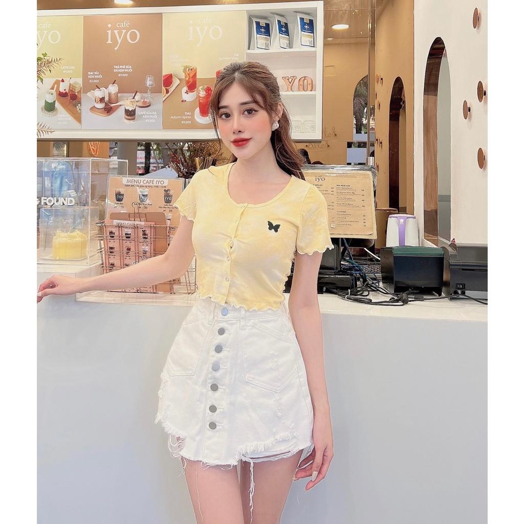 Áo Croptop Body Cổ Tròn Tay Ngắn Cúc Bấm Loang Màu Thêu Bướm A5086