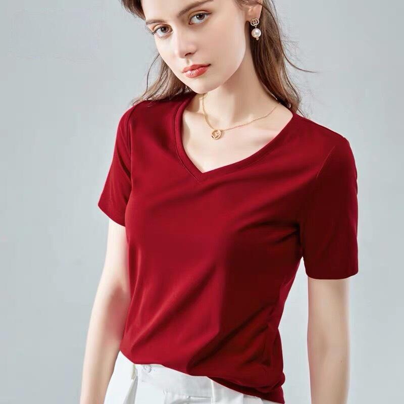 Áo thun cotton nữ Basic Màu đỏ đô, đen, nâu, trắng, hồng, xanh, da Thấm Hút Thoáng Mát, Co Giãn 4 Chiều