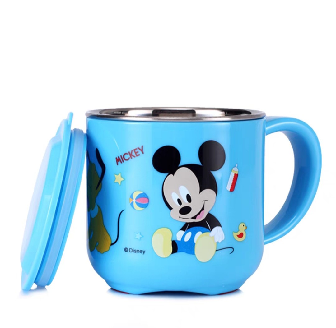 Ly cốc giữ nhiệt Disney in hình chuột Mickey Minnie Mouse màu xanh có nắp và quai cầm cho bé - 260ml