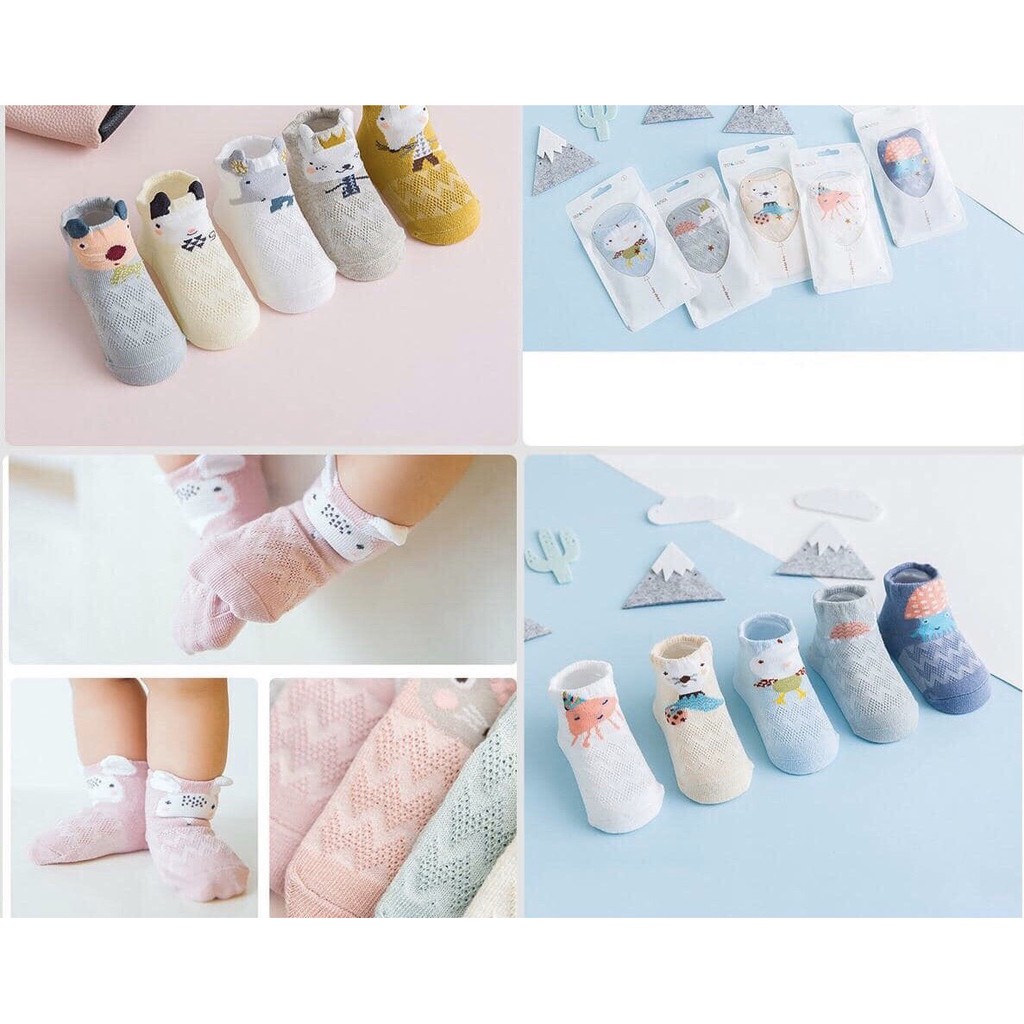 Set 5 đôi tất lưới cổ thấp cho bé 0-2 tuổi chất cotton chống trơn trượt hình thú lạ mắt phối màu xinh xắn – T013 - bé trai - Size XS 0-3m