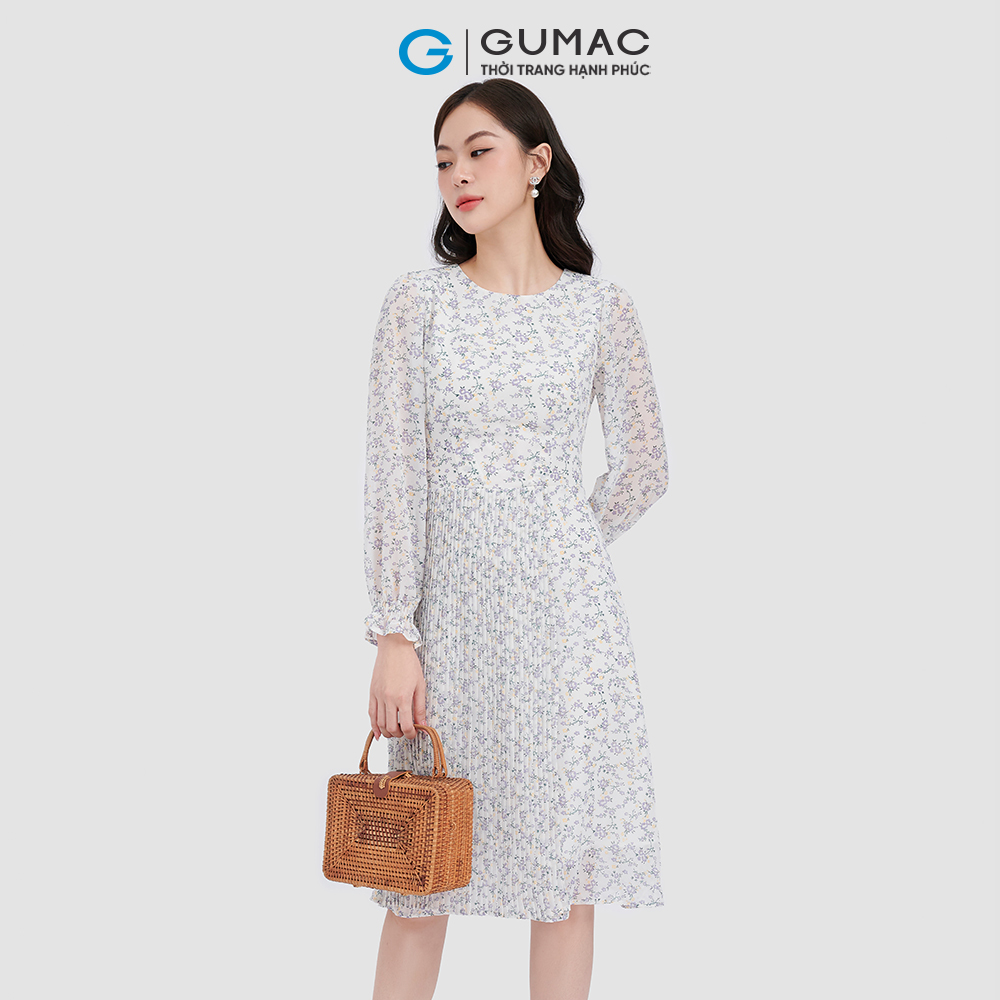 Đầm form A GUMAC DC10073 tay dài phối tà dập ly nữ tính