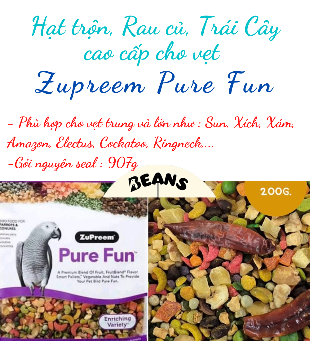 Hạt trộn rau củ và trái cây cao cấp cho vẹt Zupreem Pure Fun phù hợp vẹt trung và lớn như sun, xích, amazon, electuc,..