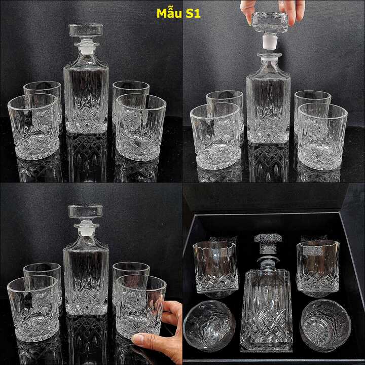 Bộ Bình Rượu Pha Lê 700ML và 4 Ly 320ML cao cấp – Bộ Chai Đựng Rượu mài đặc nguyên khối không gioăng