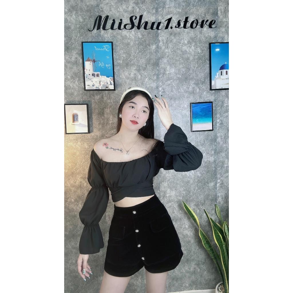 Áo Croptop Cổ Vuông Nhún Tay Nơ Lưng