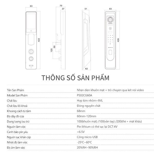 Khóa điện tử thông minh khóa nhận diện khuôn mặt PASINI PS02CG60A (Đen) PS03CS60A (Bạc) với 7 phương thức mở khóa nhận diện khuôn mặt, vân tay, thẻ từ, mật khẩu