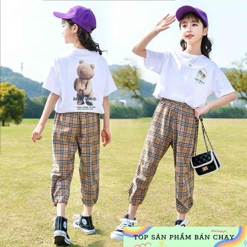 Set bộ thể thao bé gái size đại áo in gấu thun cotton quần caro bo lai cá tính mềm mát cho bé 10-50kg