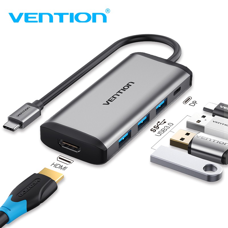 Hub Type-C to HDMI 6 in 1 cho Macbook có sạc nhanh - Chuyển đổi HUB USB Type C to HDMI, VGA, USB 3.0, PD Type-C Vention - Hàng chính hãng