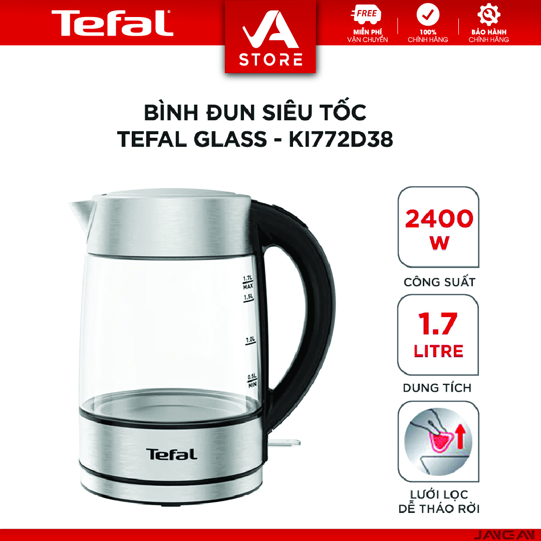 Bình đun siêu tốc thủy tinh 1.7L Tefal KI772D38 - 2400W - Hàng Chính Hãng