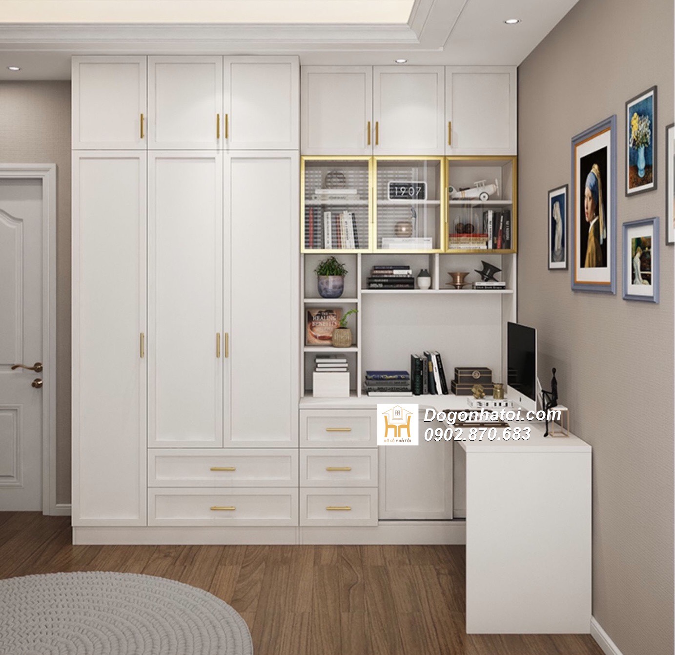 Bàn làm việc kết hợp tủ quần áo phong cách tân cổ điển 2m4 x 2m4 - TA214
