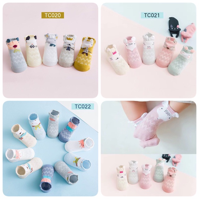 Set 5 đôi tất lưới cổ thấp cho bé 0-2 tuổi chất cotton chống trơn trượt hình thú lạ mắt phối màu xinh xắn – T013 - Bé gái - Size XS 0-3m
