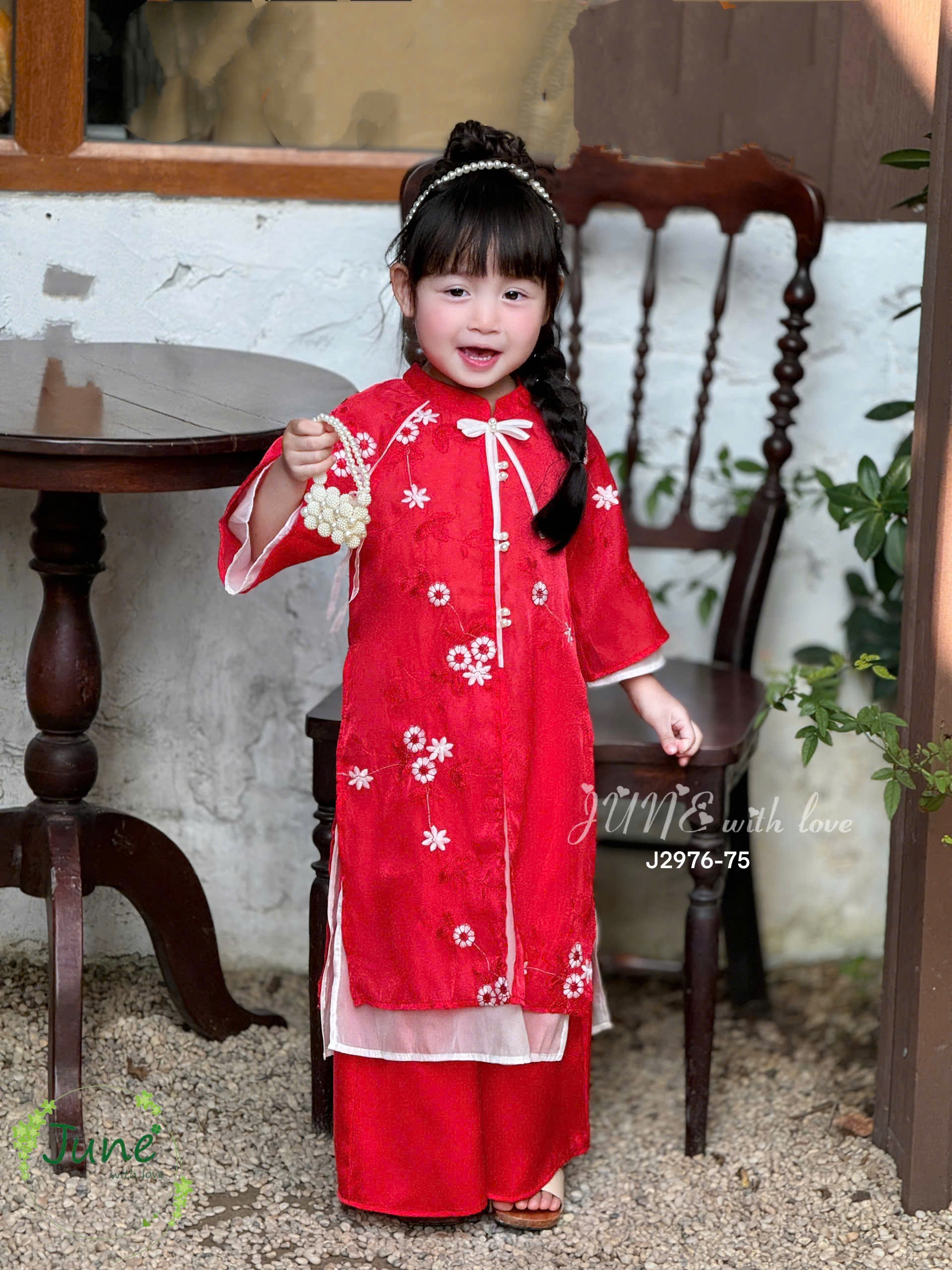 Bộ áo dài cho bé gái mẫu Hoa như ý diện tết đón xuân năm mới 10-40kg mềm mát