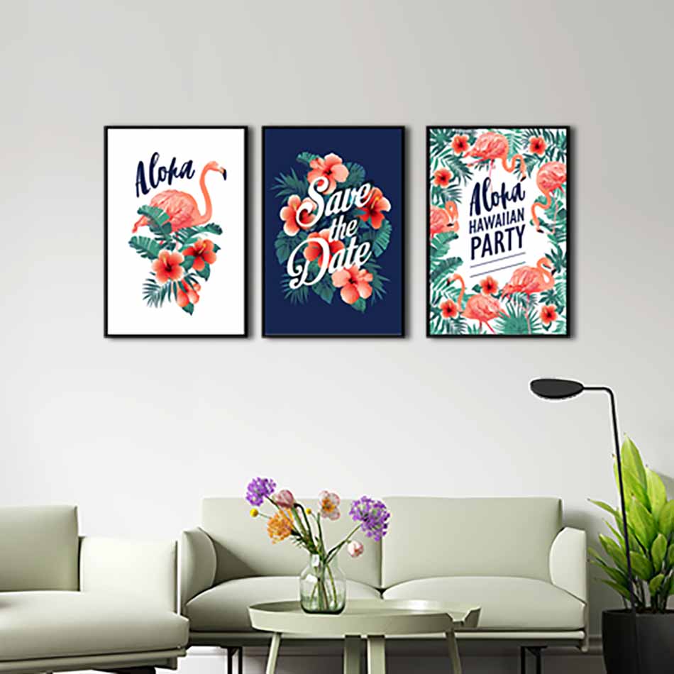 Bộ 3 tranh canvas treo tường Decor Họa tiết hoa và hồng hạc - DC137