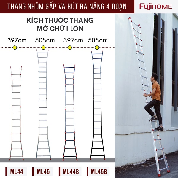 Thang nhôm trượt đa năng FUJIHOME ML44, thang gấp rút 4 đoạn cao chữ A 2m, chữ I 4 m linh hoạt 5 kích thước-Hàng chính hãng