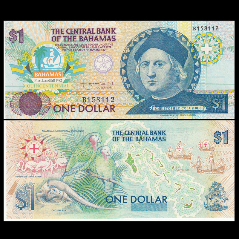 Tờ tiền Bahamas 1 Dollar năm 1992 , kỷ niệm 400 năm Columbus tìm ra châu Mỹ - mới 100% UNC - tặng kèm bao lì xì