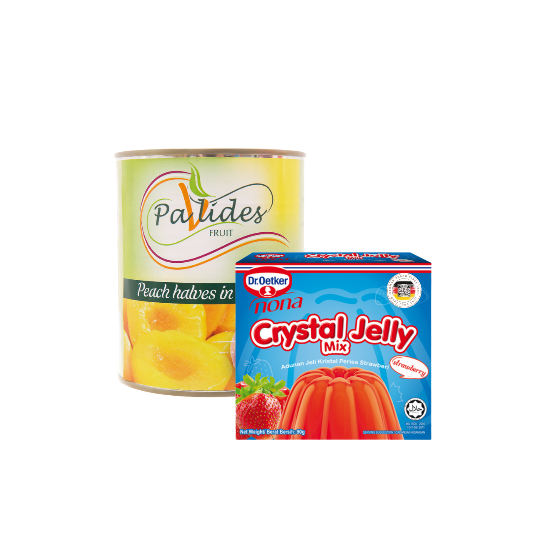 COMBO 1 Hộp Bột Thạch Rau Câu Hương Dâu Dr. Oetker 90g + 1 Lon Đào Ngâm Đường Pavlides 820g