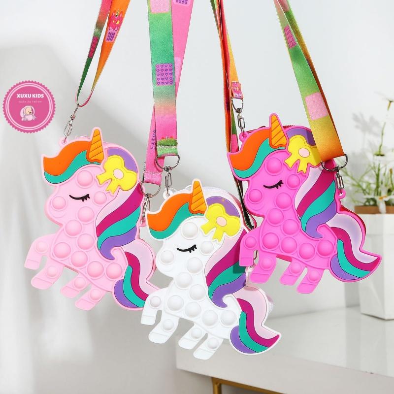 Túi đeo chéo pop it cho bé hình kỳ lân unicorn ngựa pony silicon mềm bóp bong bóng giảm căng thẳng Xu Xu Kids