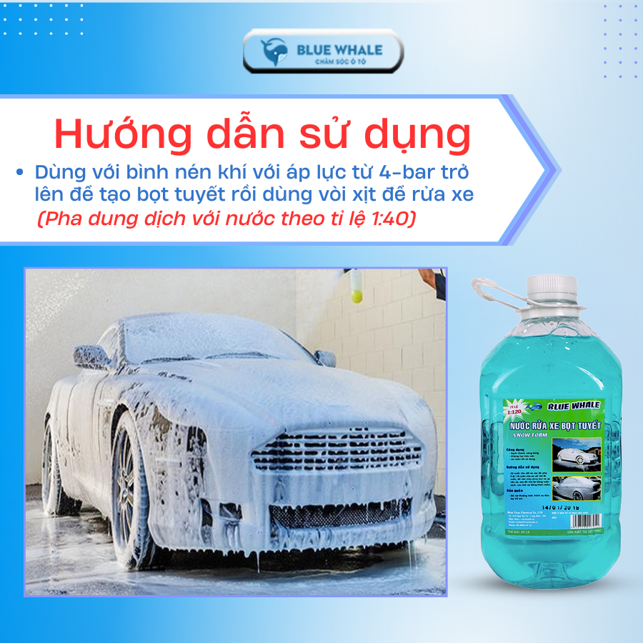 Nước rửa xe bọt tuyết đậm đặc Cá Voi 2 Lít, pha tỉ lệ 1:40, tạo bọt tuyết trắng, sử dụng nhiều trong gara