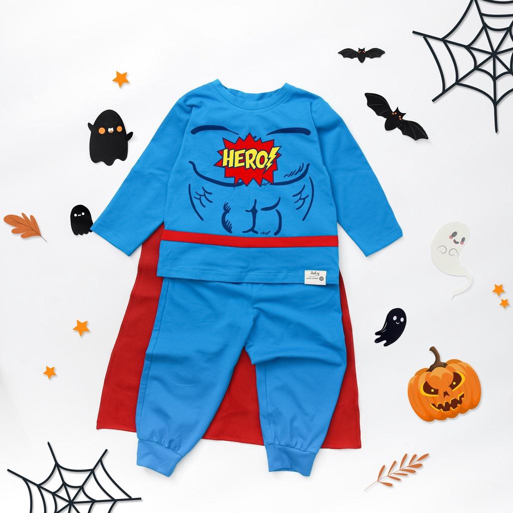 Đồ bộ Halloween bé trai ILABY set siêu nhân kèm kèm áo choàng chất liệu thun cotton