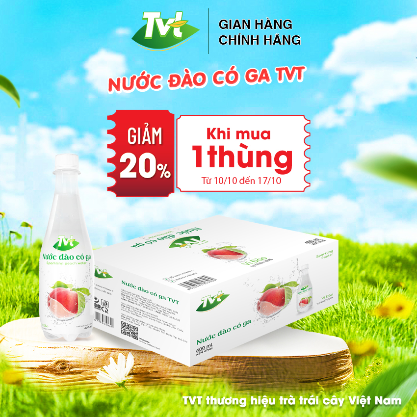 [Thùng 24 chai 400ml] Nước Đào có ga TVT Tươi mát và sảng khoái, từ nước cốt đào và đường mía tự nhiên