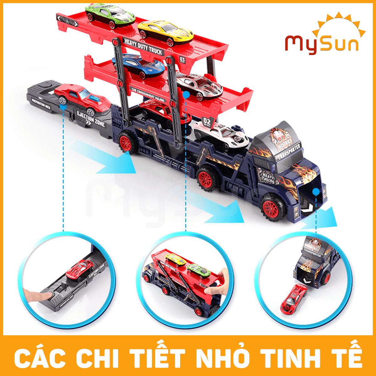Mô hình xe tải container đầu kéo đồ chơi chở 8 ô tô cho bé MySun