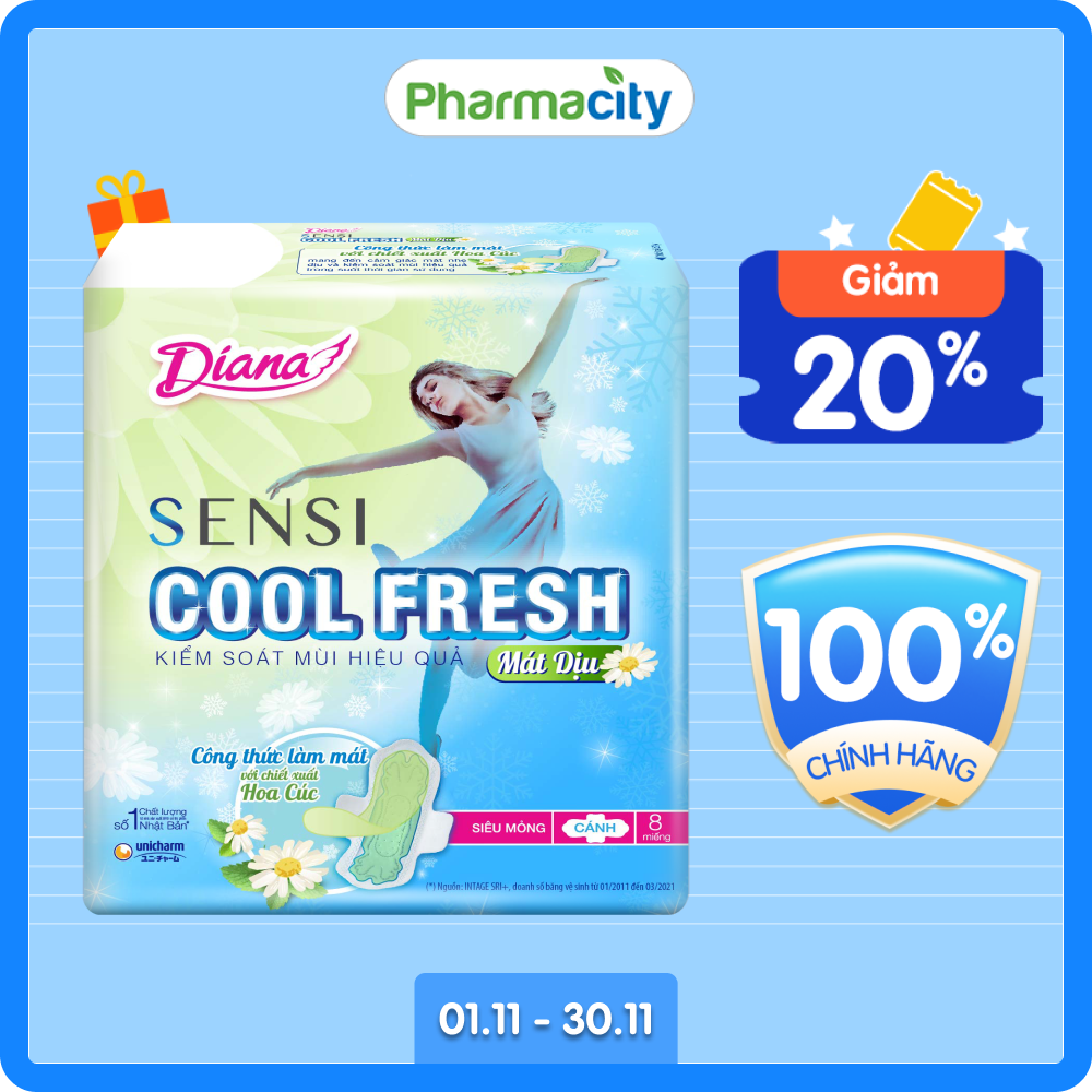 Băng vệ sinh mát dịu siêu mỏng có cánh Diana SenSi Cool Fresh
