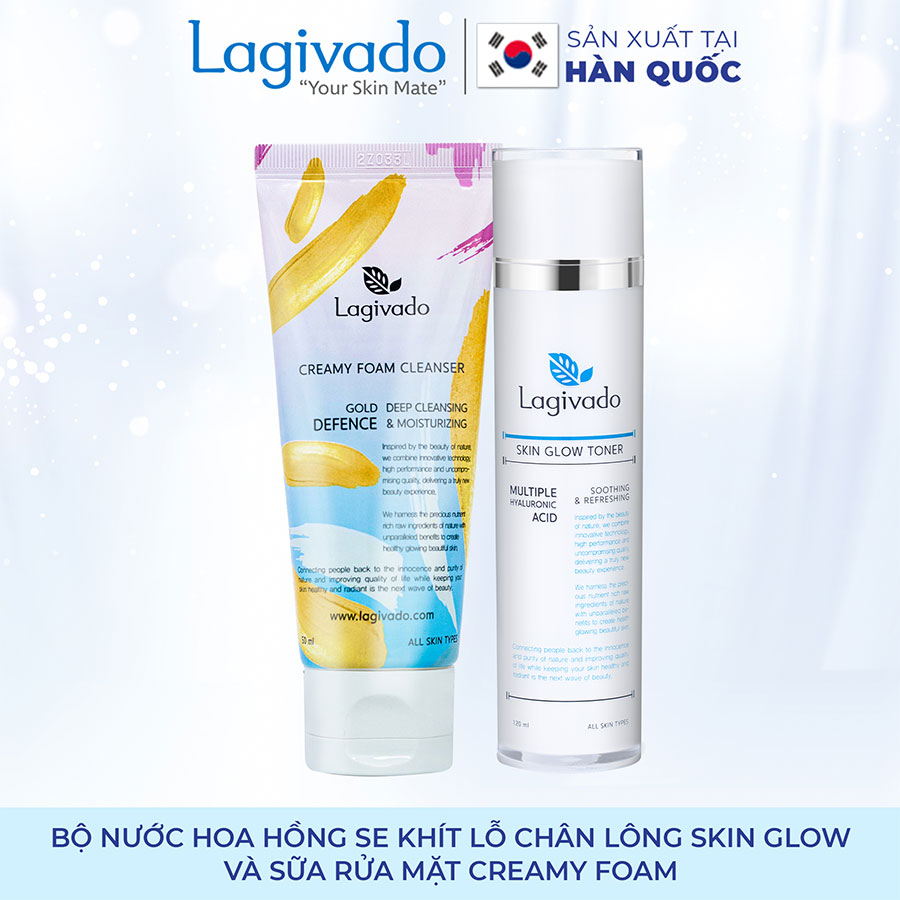 Bộ đôi nước hoa hồng se khít lỗ chân lông Hàn Quốc Lagivado Skin Glow Toner 120 ml và sữa rửa mặt Creamy Foam 50ml