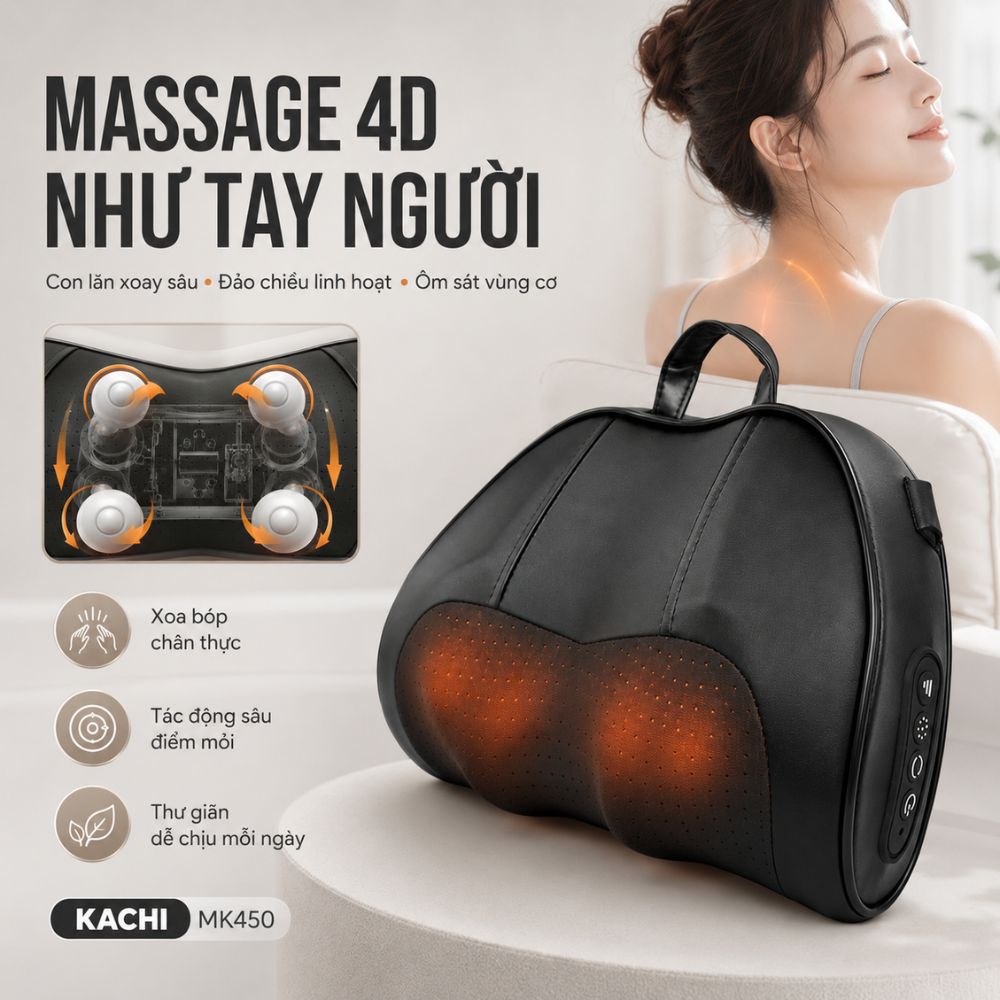 Gối Massage Cổ Vai Gáy Kachi MK450 – Công Nghệ Massage 4D Chườm Nóng - hàng chính hãng
