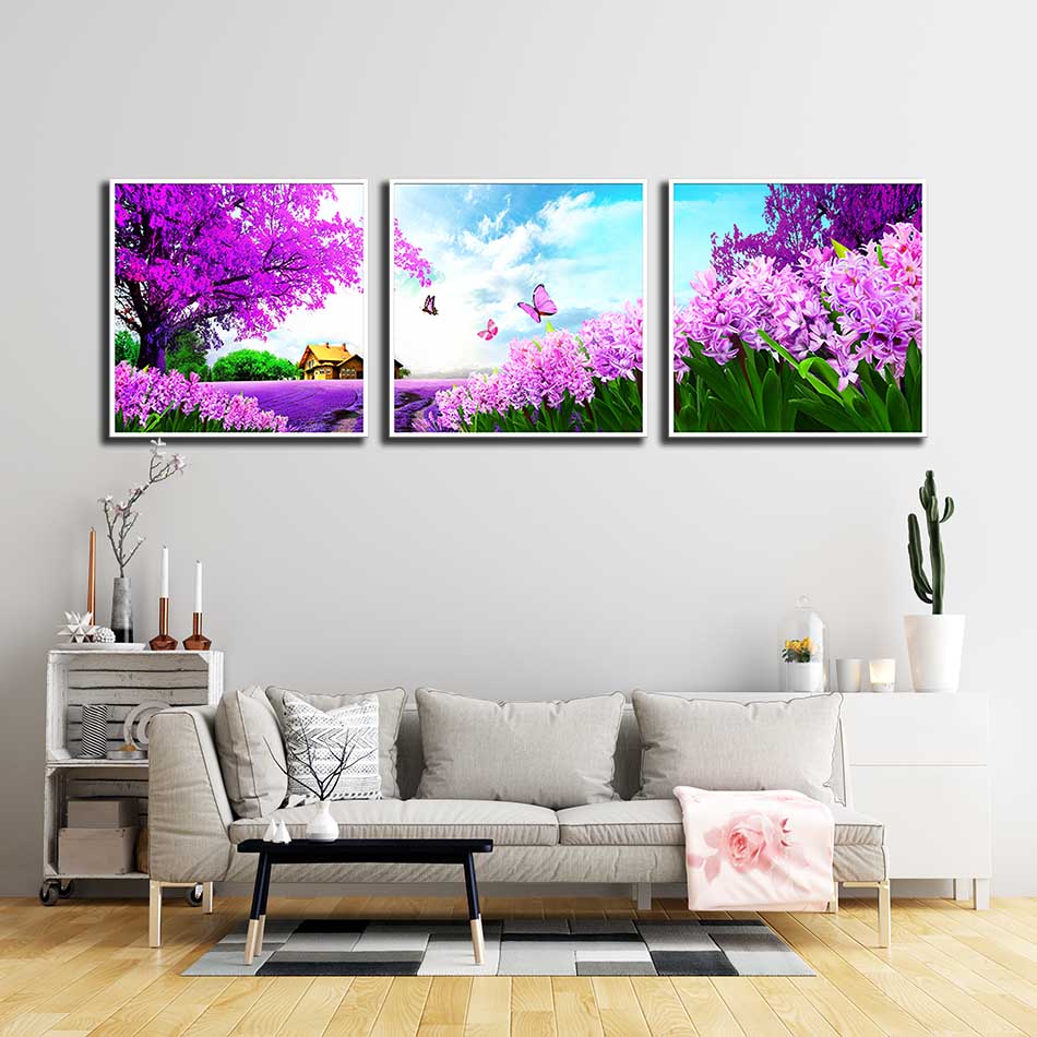 Bộ 3 tranh canvas treo tường Decor Cách rừng tím và hoa - DC148