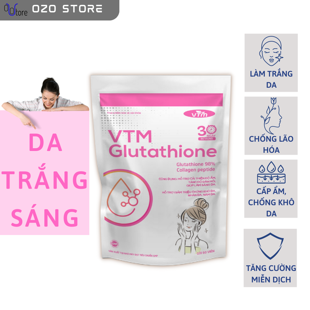 Viên uống Glutathione VTM hỗ trợ làm sáng da, hỗ trợ giảm triệu chứng khô da, nhăn da, nám da - gói 30 ngày