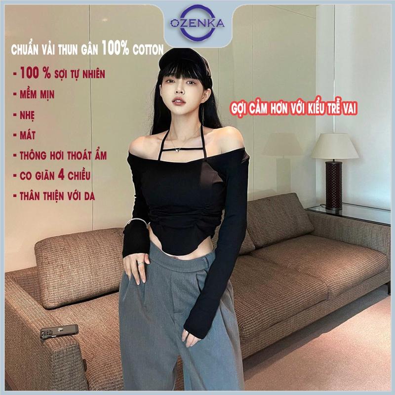 Set áo croptop nữ tay dài kiểu Hàn Quốc OZENKA , áo crt ôm body vạt bầu nhún eo cổ rộng thun gân 100% cotton màu đen