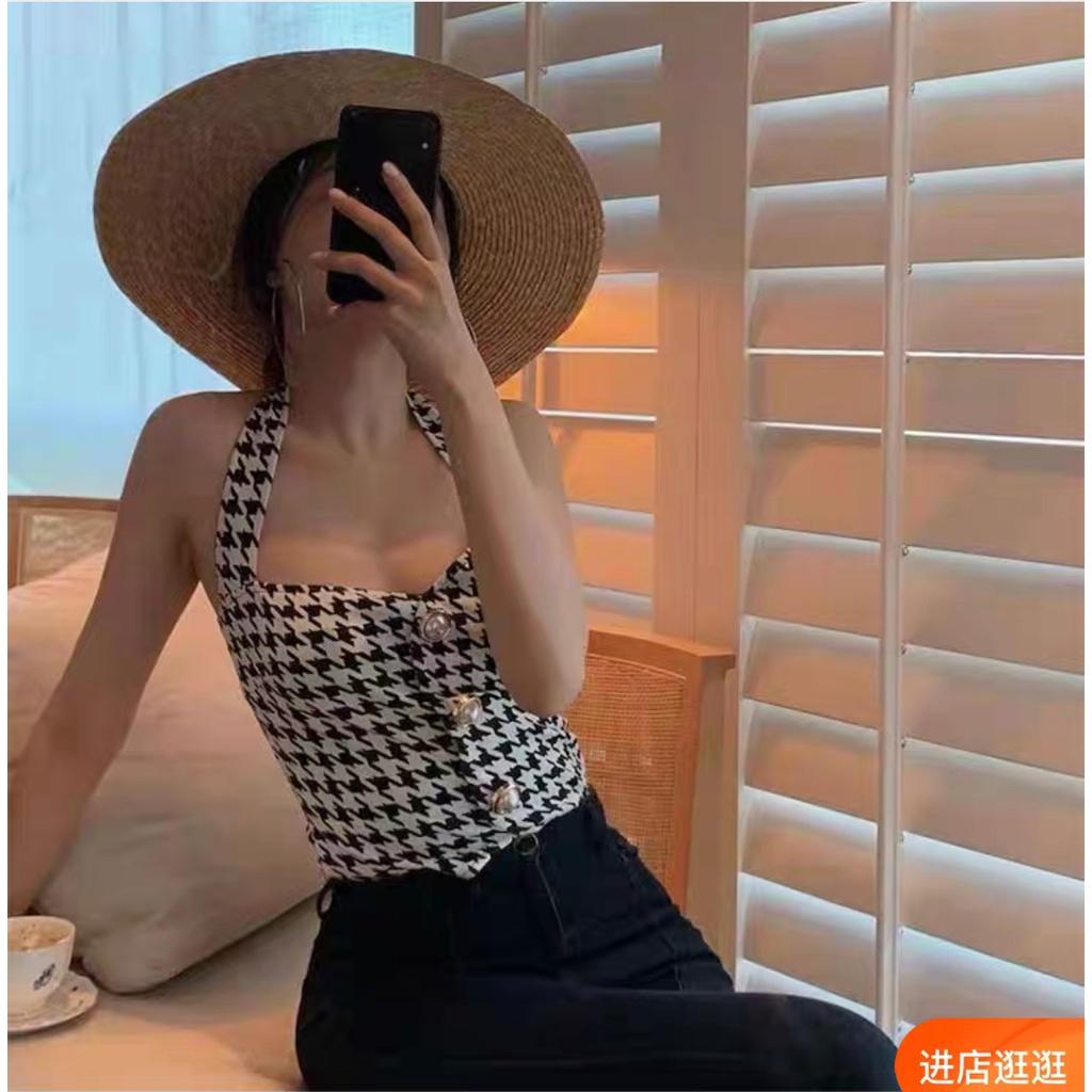 MS542 Áo yếm hoạ tiết hở rốn cúc ngọc