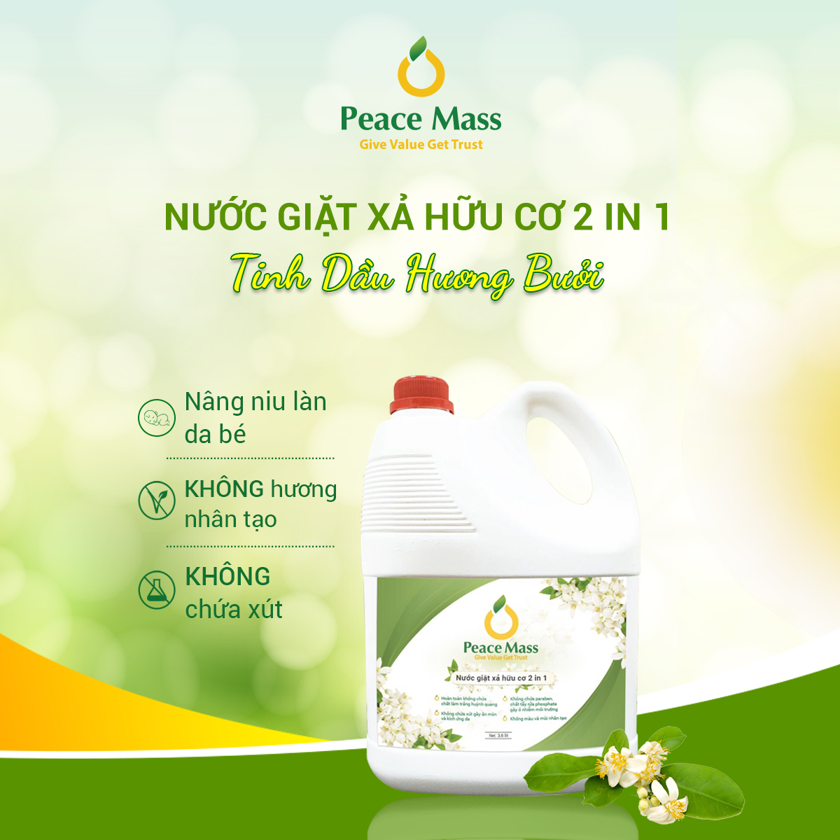 Nước Giặt Xả Gốc Thực Vật 2in1 Peace Mass (Thuộc nhóm Sản phẩm Lành tính / Hữu cơ) Can 3.6l