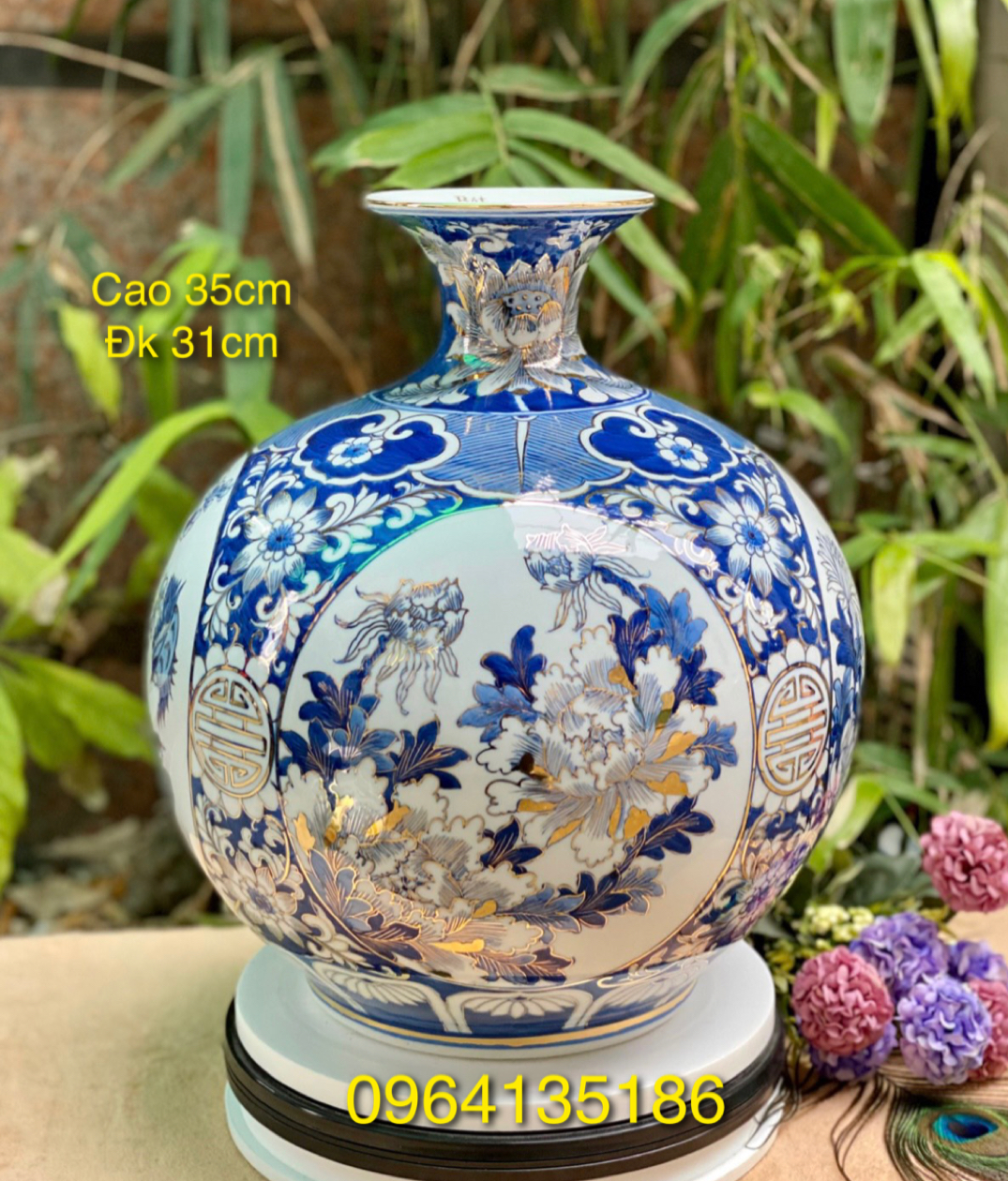 Bình hút tài lộc vẽ vàng tứ cảnh bốn mùa h35cm gốm sứ Bát Tràng