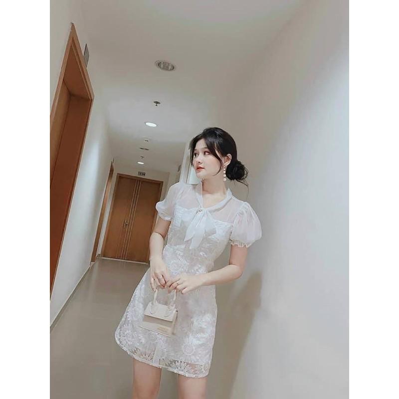 Đầm tay bồng ren phối voan cột nơ cổ đi chơi, đám cưới, du lịch TKN