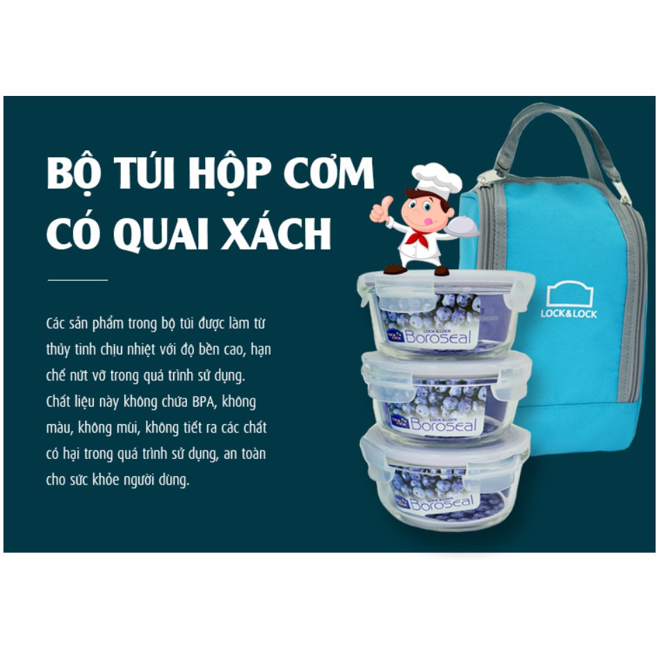 Bộ Túi Hộp Cơm Thủy Tinh Chịu Nhiệt 4EA Lock&Lock LLG821BS3 - Xanh Dương