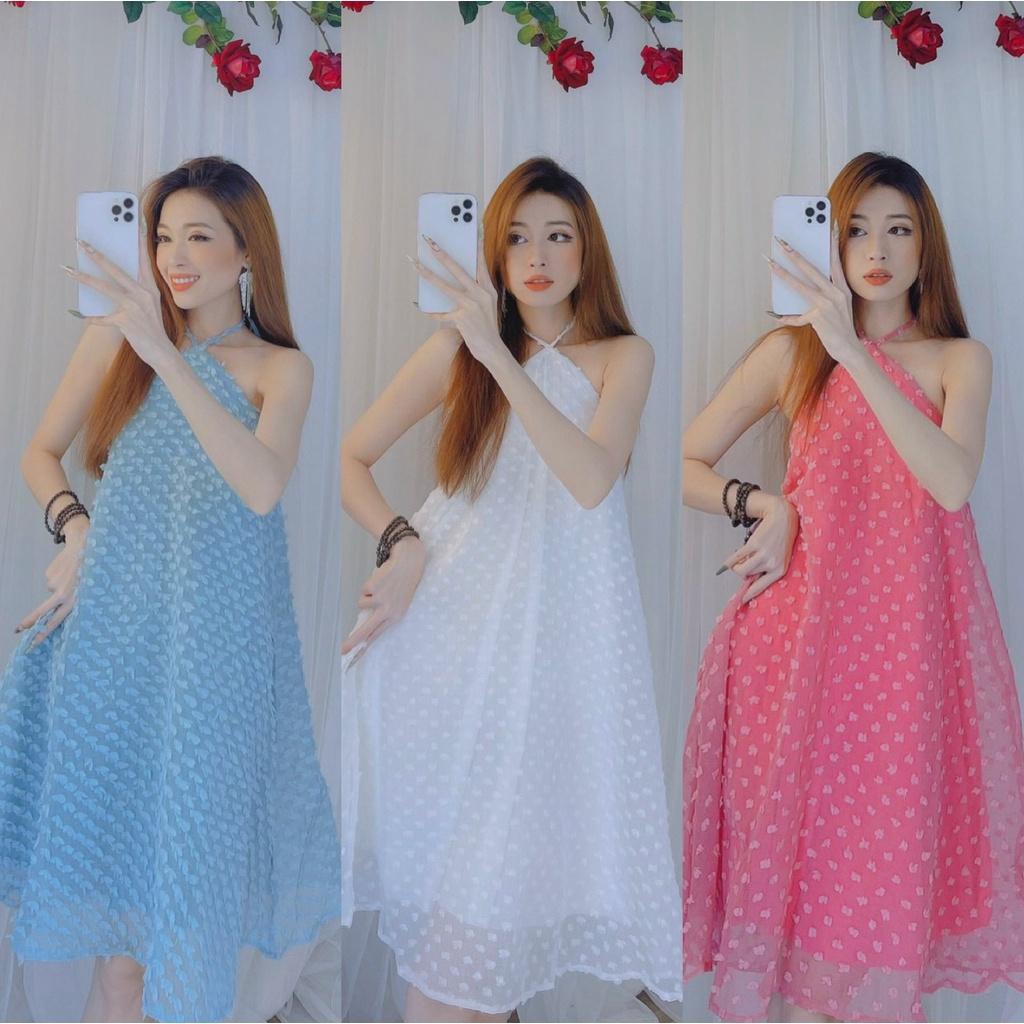 Váy cổ yếm nữ dáng xoè hoa nổi cao cấp siêu đẹp hình thật và video bầu bì bon chen duyên dáng bkfrreship