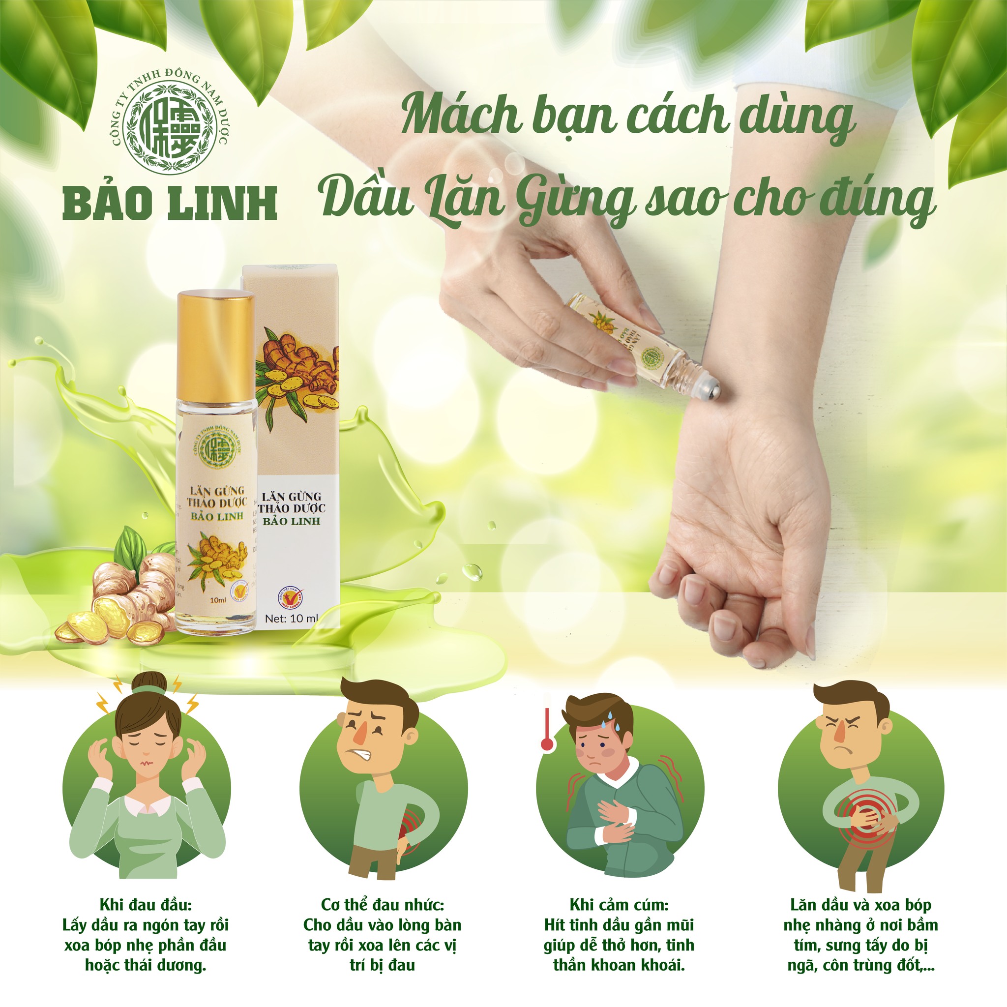 Dầu Lăn Gừng Thảo Dược Bảo Linh 10ml - Xoa bóp, giảm đau đầu, đau cơ, căng thẳng, mệt mỏi, đau cổ vai gáy