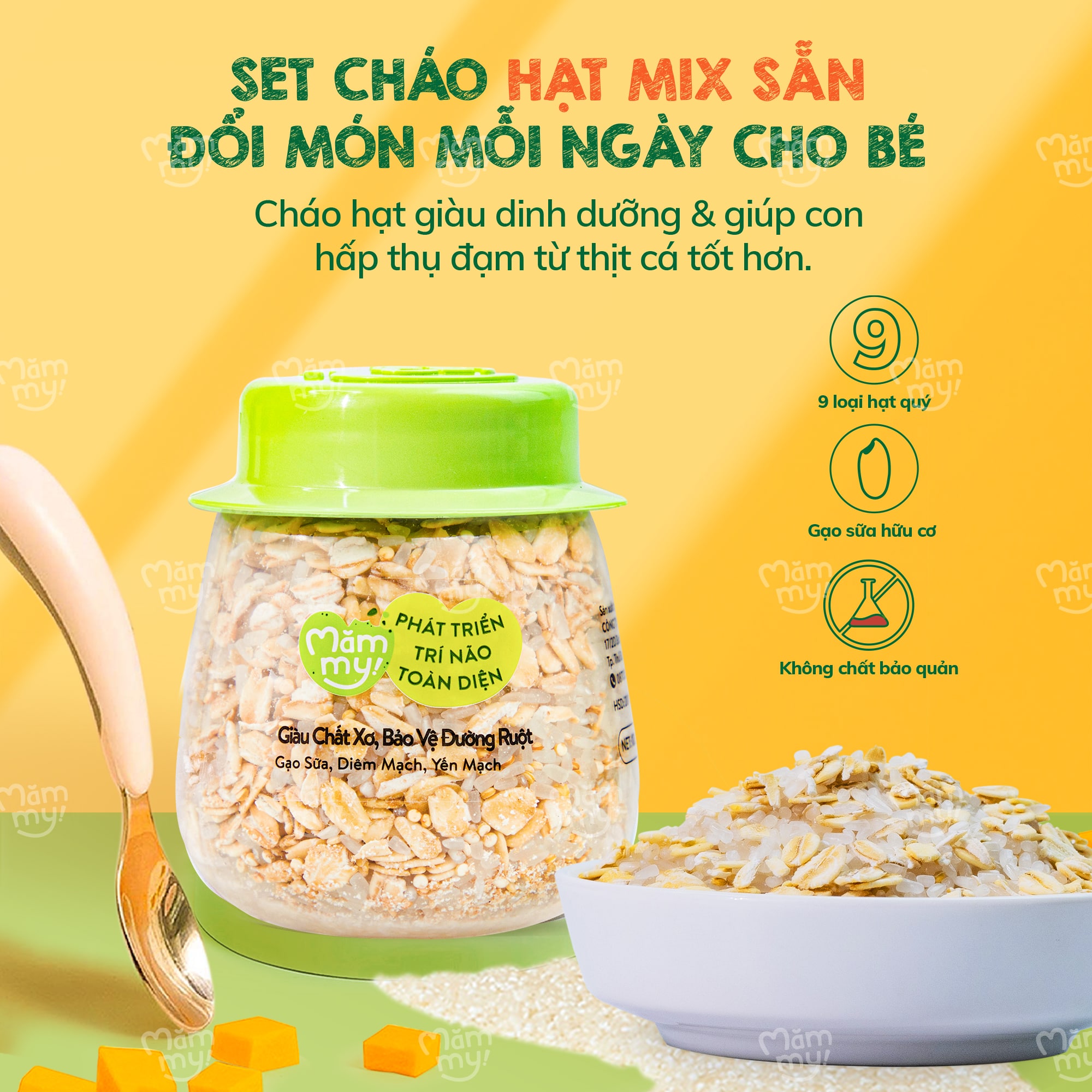 Combo chóng lớn Mămmy bao gồm set 9 hạt mix, 2 hộp phô mai và set 3 dầu 30ml dành cho bé 6 tháng tuổi