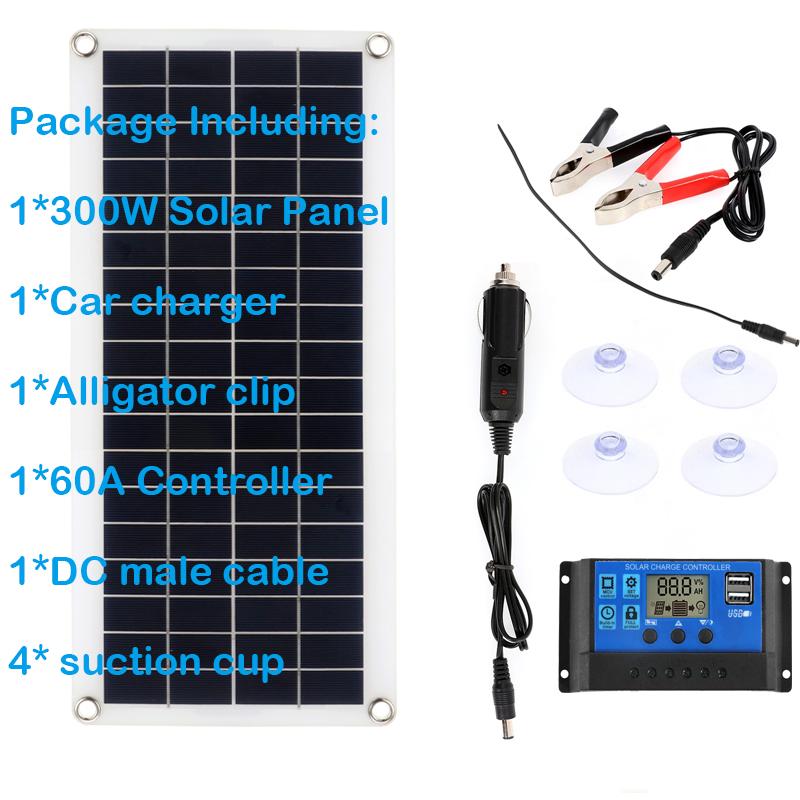 Bảng điều khiển năng lượng mặt trời linh hoạt 300W Bộ sạc pin 12V USB kép với bộ điều khiển 10A-60A Pin năng lượng mặt trời cho điện thoại Xe du thuyền RV Màu sắc: Bộ điều khiển 60A