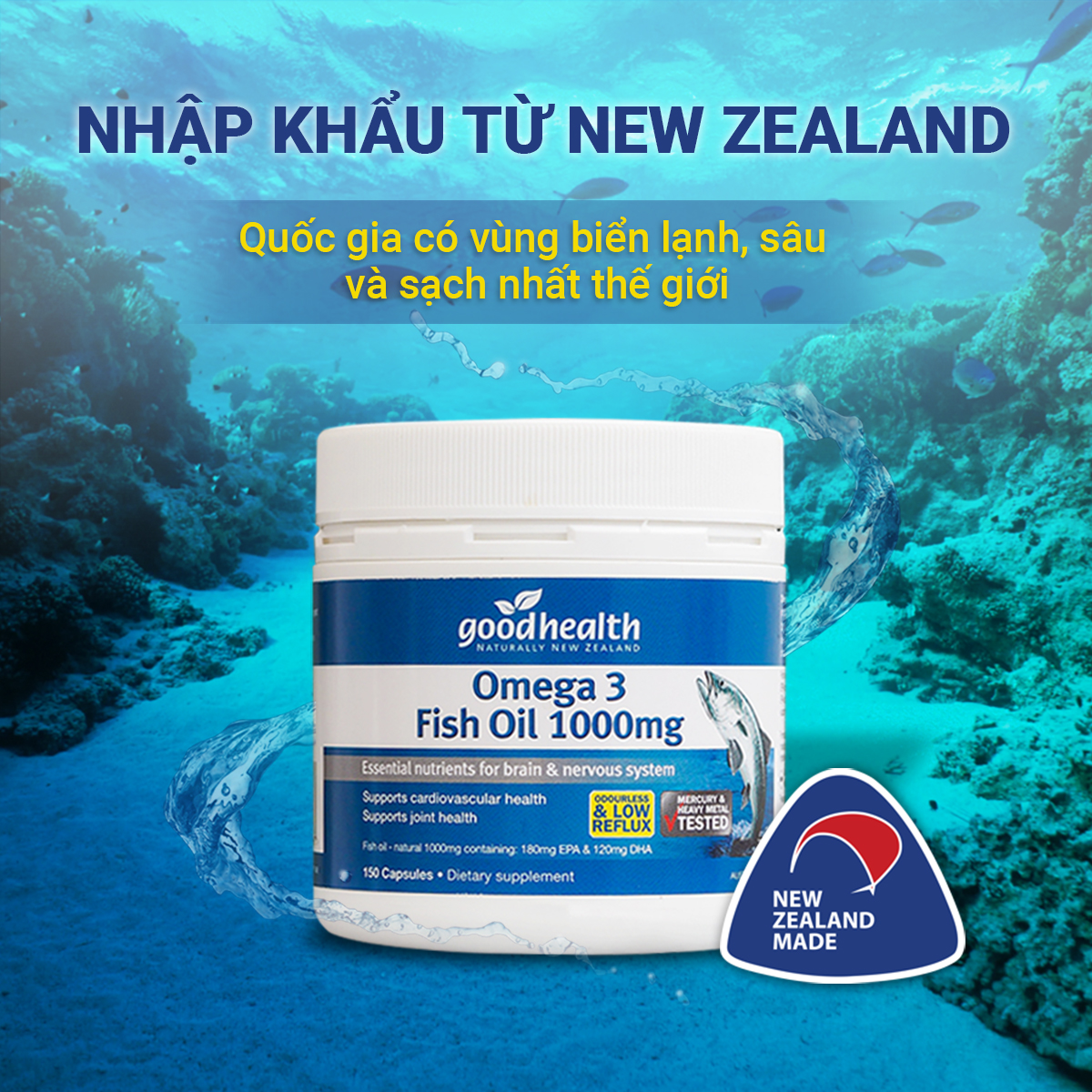 Combo 2 Hộp Dầu Cá Goodhealth Omega 3 Fish Oil 1000mg 150 Viên - Bổ Não - Tăng Trí Nhớ - Mắt Tinh - Chính Hãng Từ New Zealand