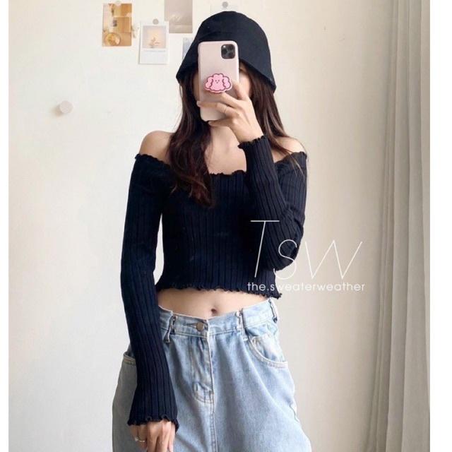 Áo len croptop cổ thuyền trễ vai dài tay, Áo len kiểu trễ vai dáng ngắn AL1268 - NhiNhi Shop