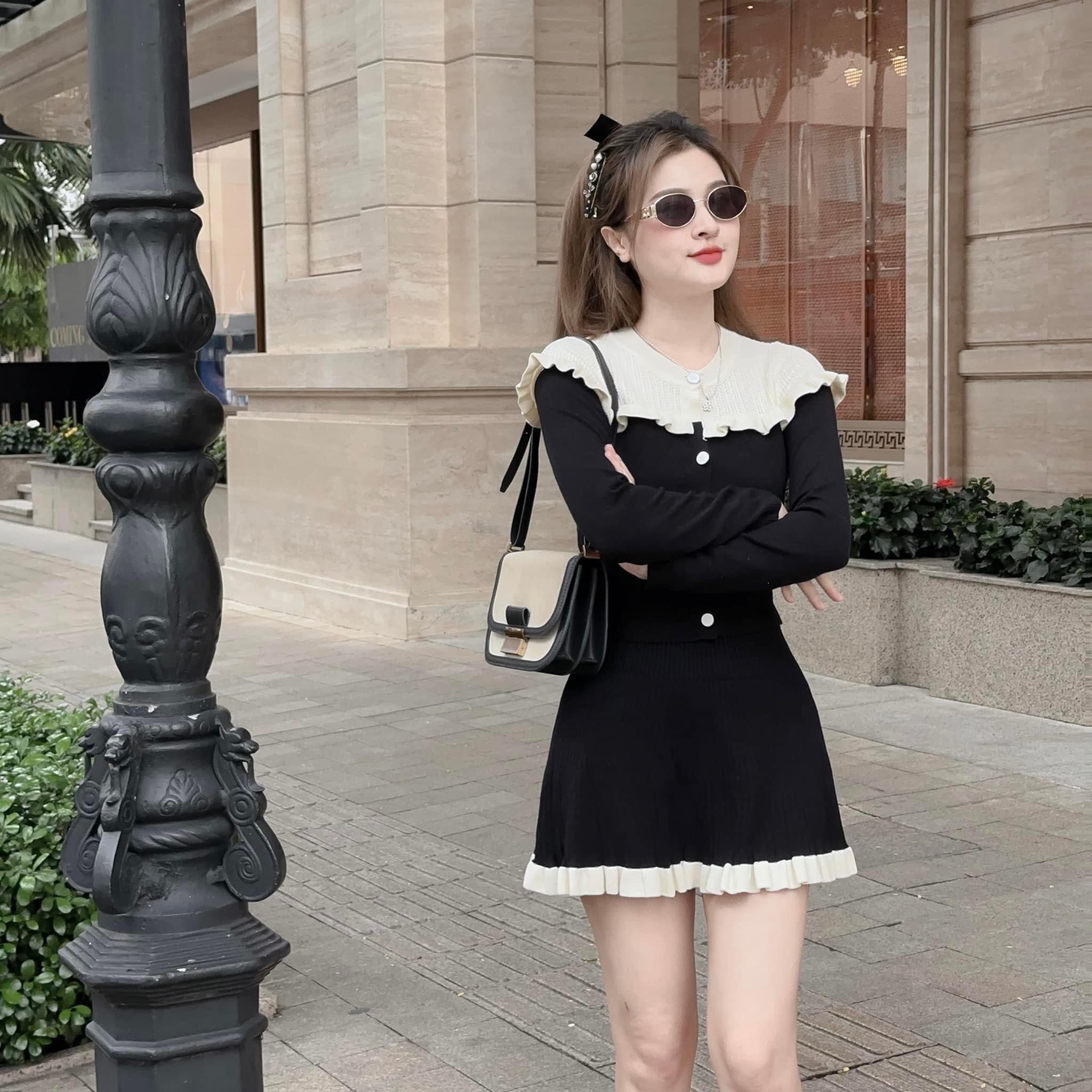 ĐẦM ĐEN SET ÁO CROPTOP LEN THUN TAY DÀI + CHÂN VÁY NGẮN LƯNG CAO CHỮ A ĐI TIỆC ĐI CHƠI NOEL DẠO PHỐ GIÁNG SINH ĐI BIỂN