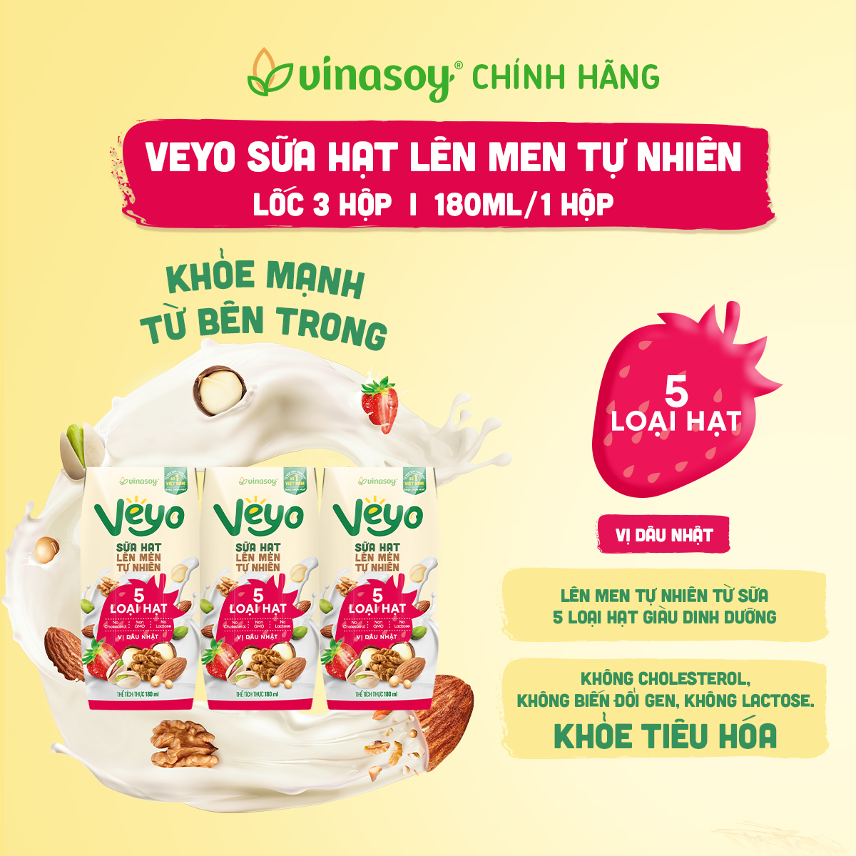 Thùng Veyo Sữa hạt lên men tự nhiên Vị Dâu Nhật (30hộp x 180ml)