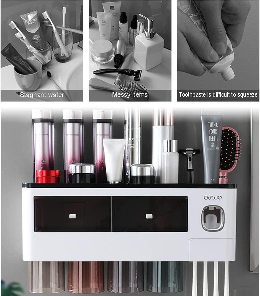 Giá treo bàn chải đánh răng treo tường với hộp đựng kem đánh răng, cốc trong, ngăn đựng mỹ phẩm ngăn kéo và khe cắm bàn chải đánh răng 6/7, không cần khoan