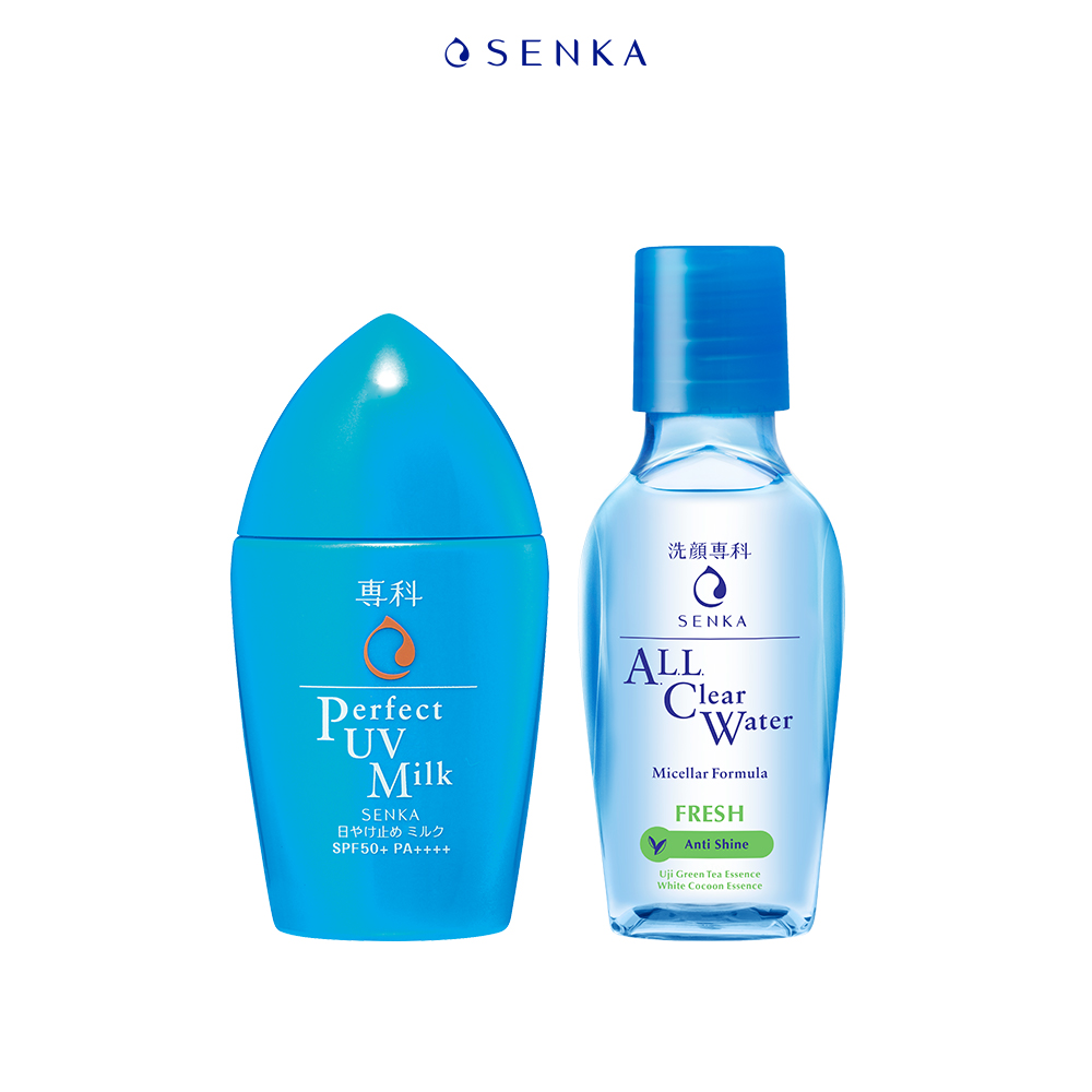 Combo Sữa chống nắng Senka Perfect UV Milk 40ml và Nước tẩy trang sạch thoáng Senka A.L.L.Clear Formula Fresh 70ml