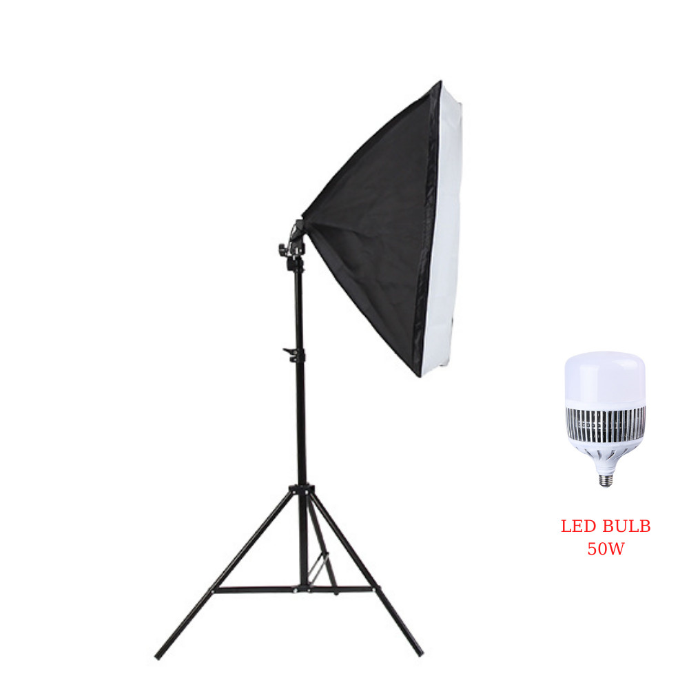 Bộ đèn studio chụp ảnh sản phẩm, quay phim, livestream chuyên nghiệp, bộ gồm chân đèn 2m kèm softbox 50x70cm, bóng đèn Led Bulb