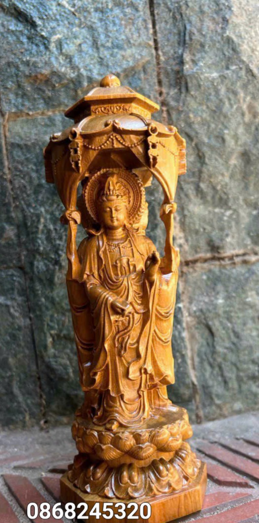 Tượng tam thánh phật bằng gỗ bách xanh khắc 3 mặt cao 20×7×7cm 