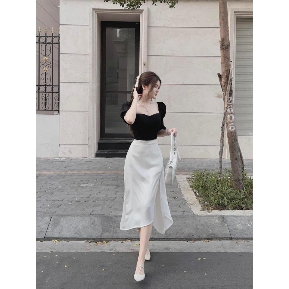 SET ĐI CHƠI, SET 2 MÓN ÁO CROPTOP CỔ VUÔNG TAY NGẮN PHỒNG PHỐI CHÂN VÁY DÀI XẺ CỰC SANH CHẢNH - áo trắng váy đen